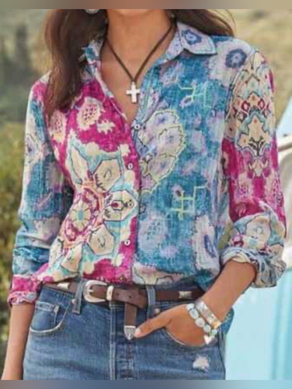 Cino Sundance Mixed Patchwork Floral Print Blue & Pink Button Down Shirt Sz Lg